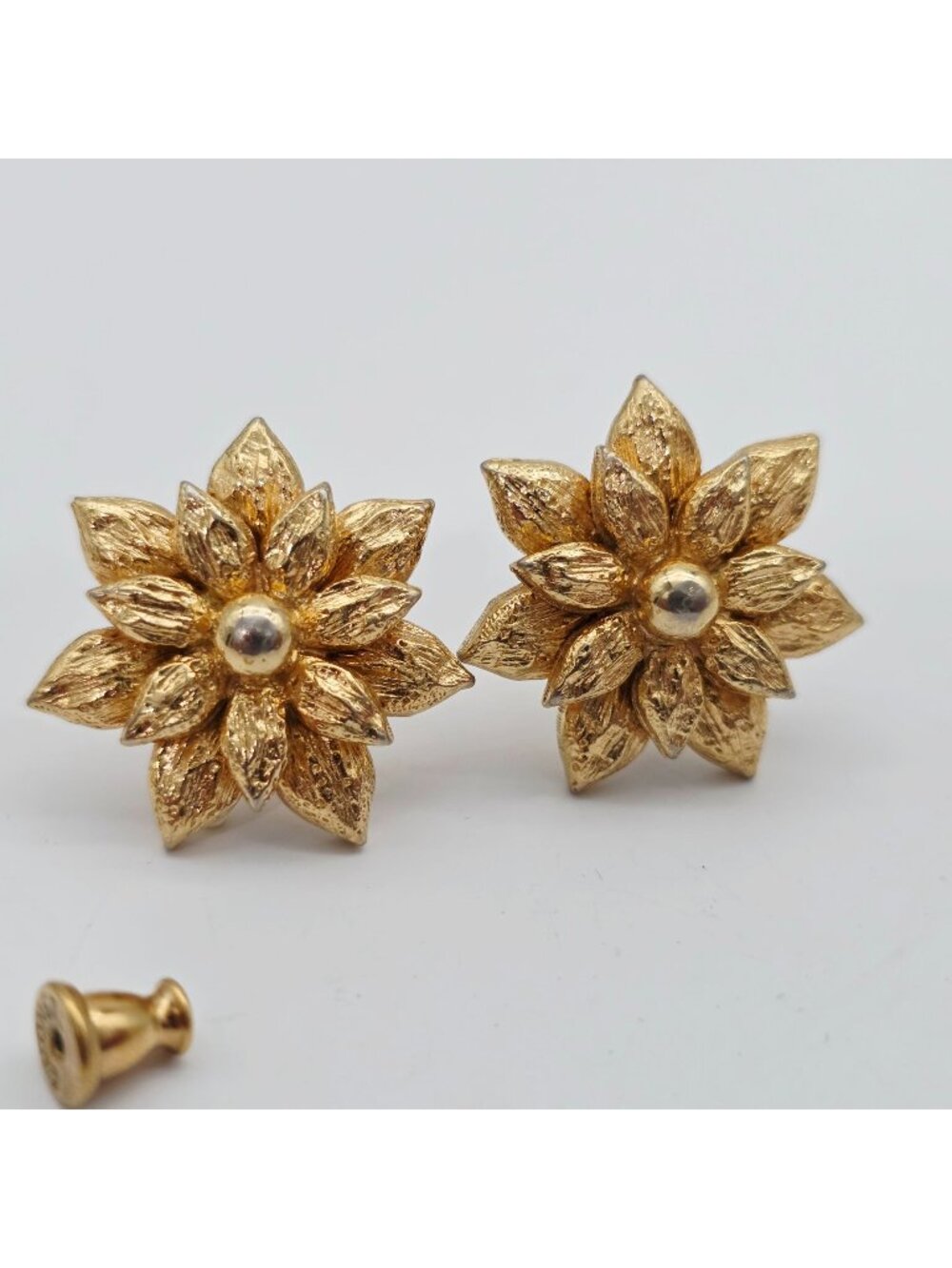Gold-Tone Textured Flower Earrings By Monet Push-Back Closures 7/8"